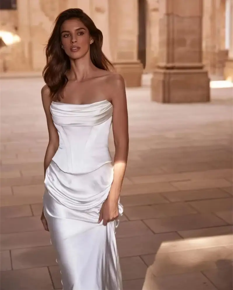 OTHRAY ง่ายซาตินชุดเดรสเมอร์เมดผู้หญิงที่ไม่มีสายหนังชุดเจ้าสาวยาวแขนกุดชุดเจ้าสาวกวาดรถไฟ Vestido ที่กําหนดเอง