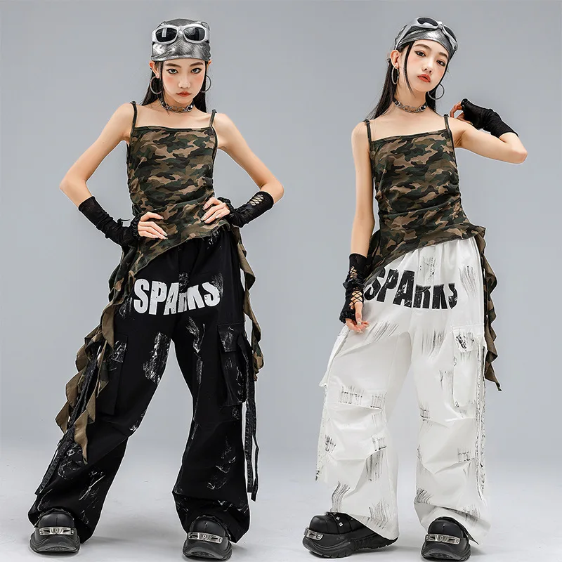 

Girls Hip Hop Street Dance Clothes Set Camo Top Black Pants Cool Kpop Stage Performance Outfits Group Concert Stage Wear Costume