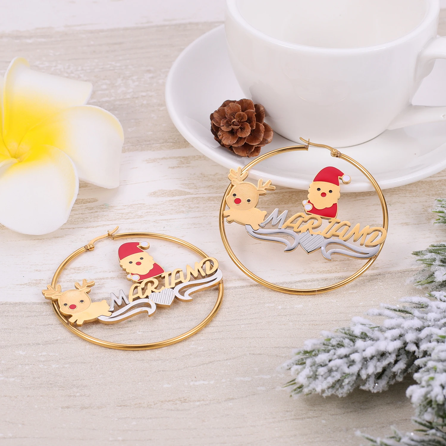 Personalized Two - Tone Custom Festive Jewelry Name Christmas Hoop Earrings with Santa & Reindeer Design