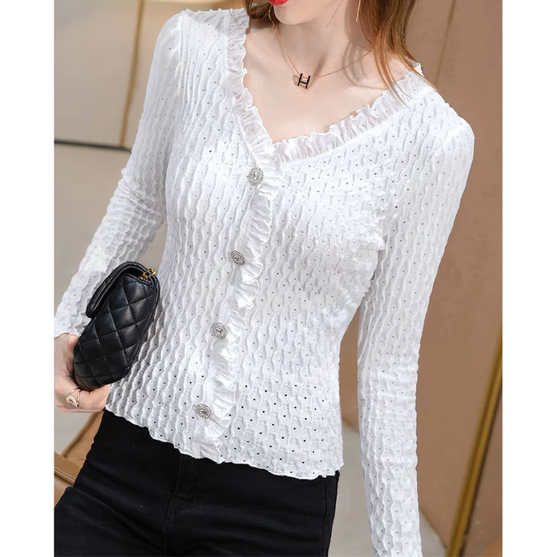 Camiseta de encaje con volantes blancos para mujer, ropa elegante con cuello en V, Top liso de manga larga ajustado, moda de oficina