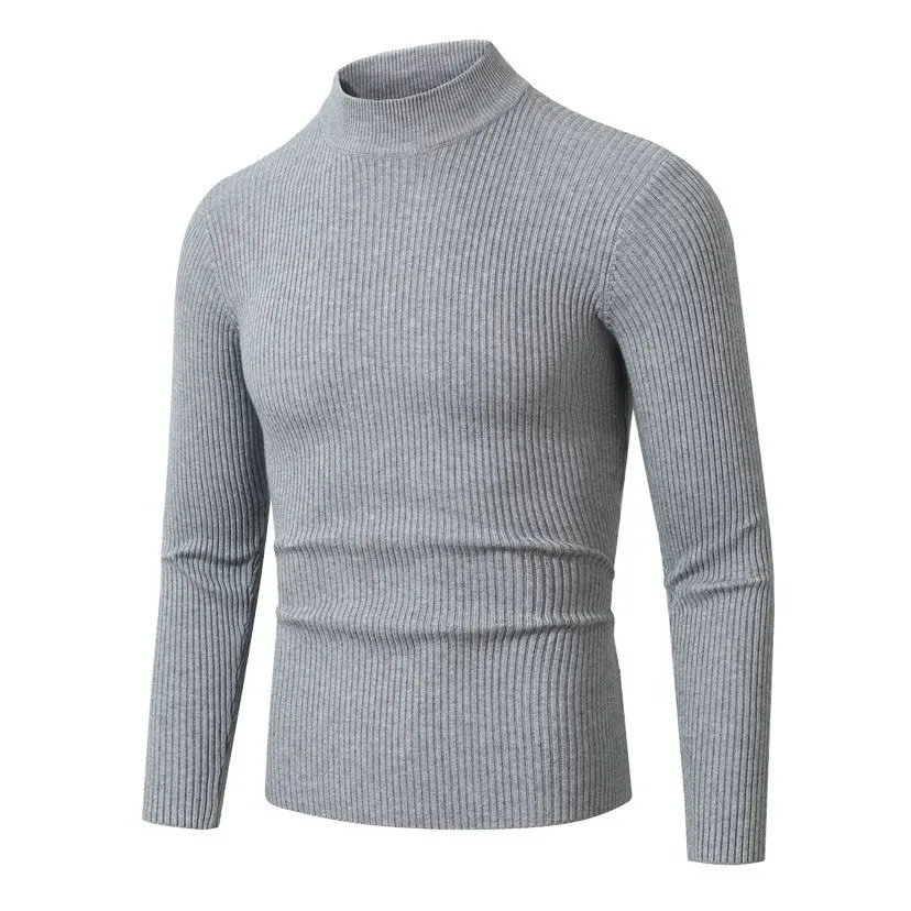 Autumn Winter Striped Mock Neck Pullover Sweater Men's Korean Slim Casual Thermal Top