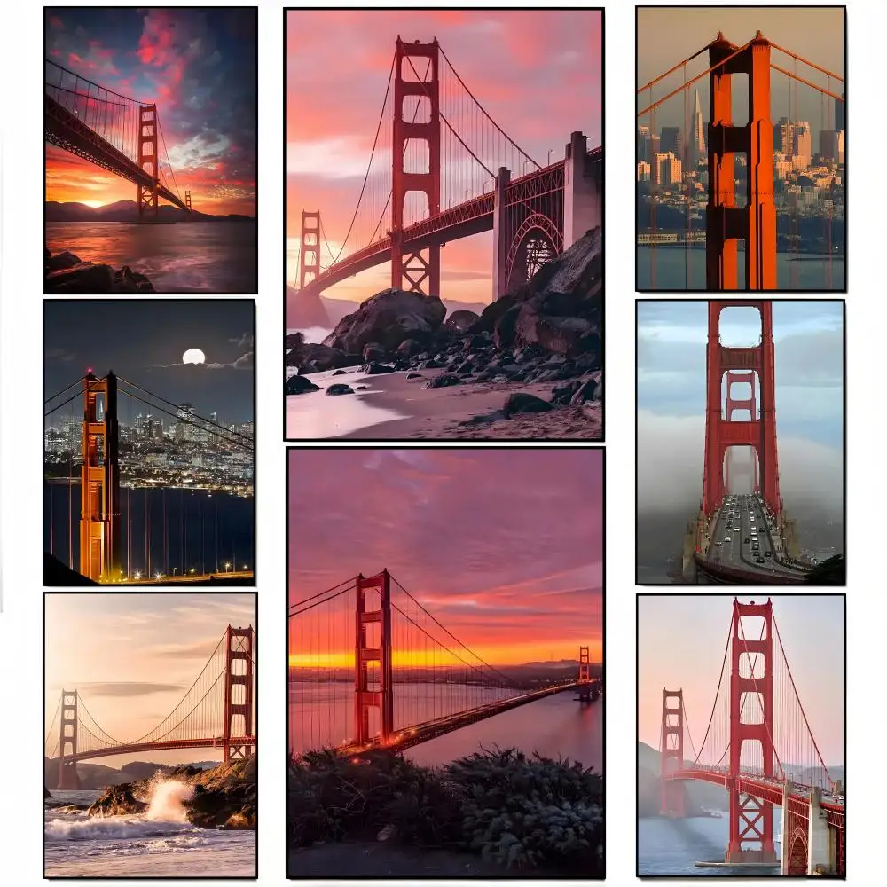 San Francisco Golden Gate Landmark Iconic Painting Calligraphy Stylish Canvas Poster Wall Art for Bedroom Study Home Decor