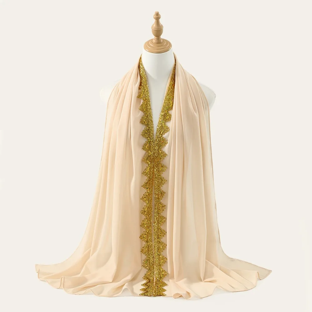 

Elegant Silk Chiffon Hijab Scarf Long Glitters Sequin Wraps Shawl Thin Gold Islamic Turban Women