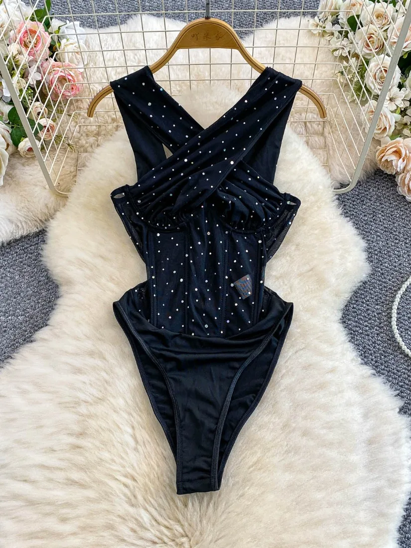 

ssTss Летний тяжелый рабочий комбинезон с косточками, сексуальный комбинезон с крестом и V-образным вырезом, горячее тиснение, приталенная талия, облегающий купальник с высоким разрезом, боди
