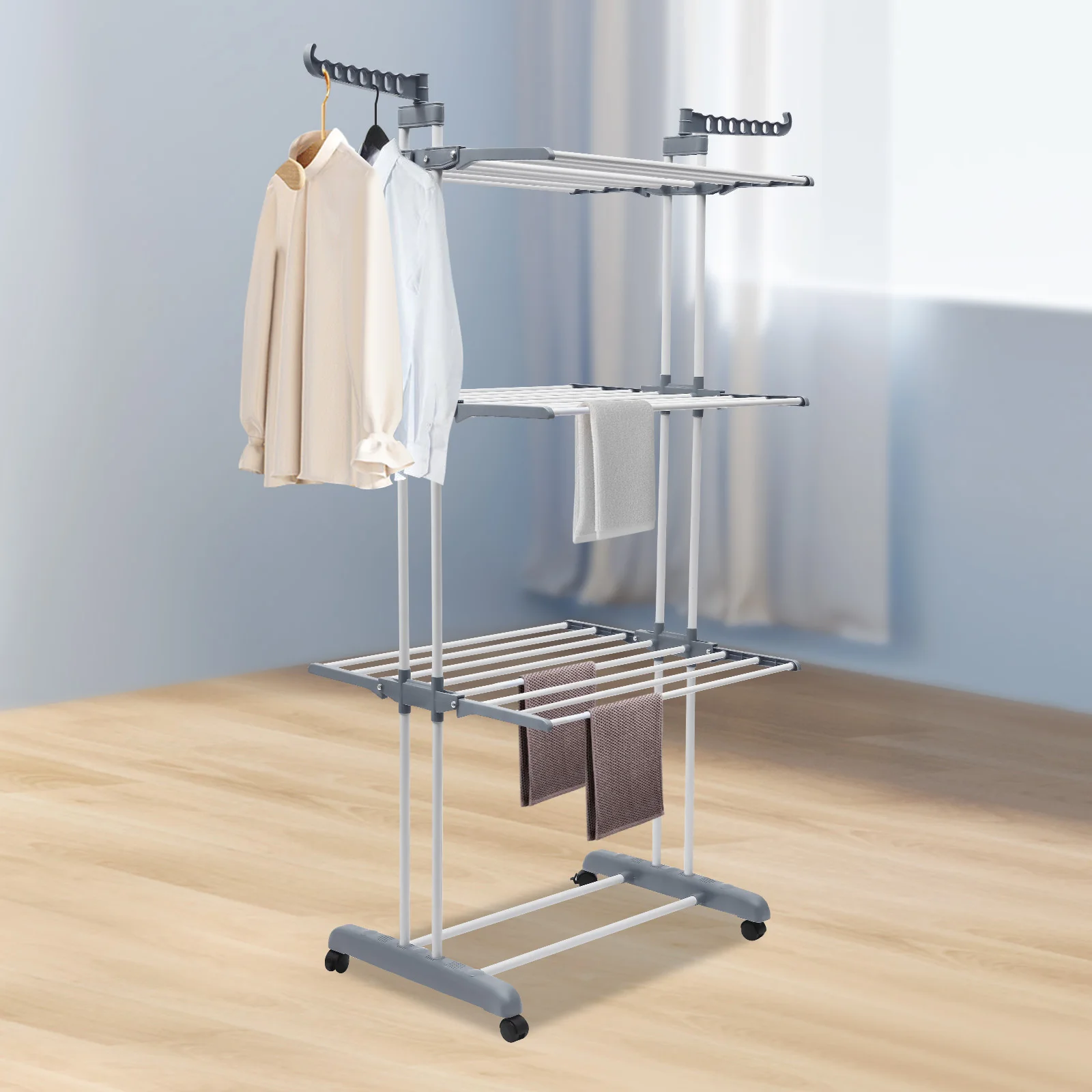 4 Tier Metal Clothes Rail with Wheels ,7 Windproof Hooks Clothes Horses Rack ,Laundry Garment Dryer Stand with 2 Side Wings