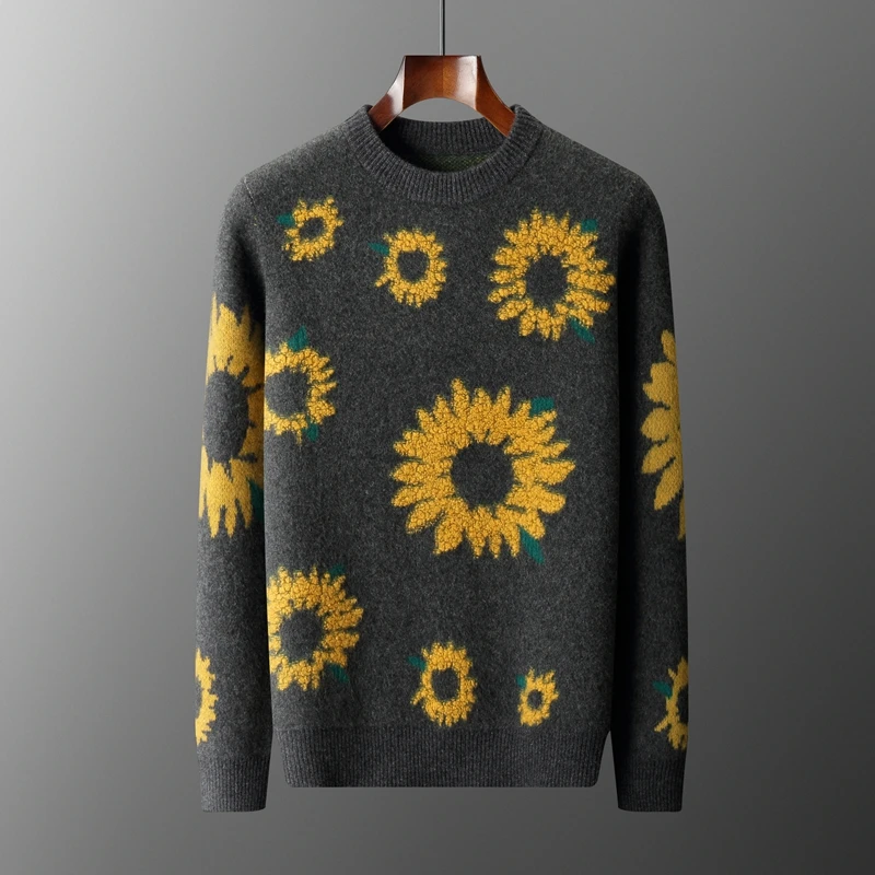 Sunflower Patterns style O-neck Pullover 100% Merino Wool Knitwear Long Sleeve Cashmere Soft Addonee 2024 New Men Sweater Top