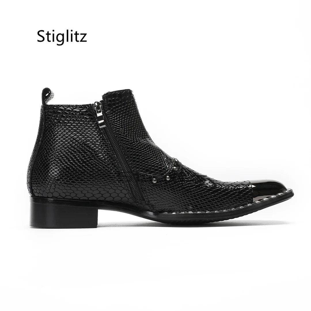 

Men's Alligator Pattern Rivet Boots Genuine Leather Black Wine Red Ankle Boots Belt Buckle Metal Squate Toe Dress Wedding Shoes