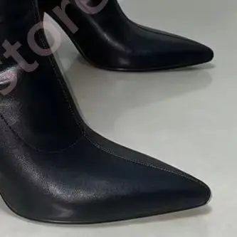 Women Black Mid Calf Boots Pointed Toe Unique Red Hand Shaped High Heel Slip On Stretch Leather Fashion Party Statement Boots