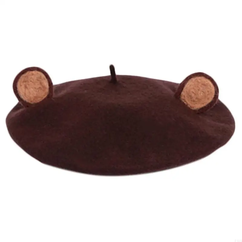 

P88B Women Winter Autumn Faux Wool Hat 3D Brown Bear Ears Animal Vintage Artist Painter Pumpkin