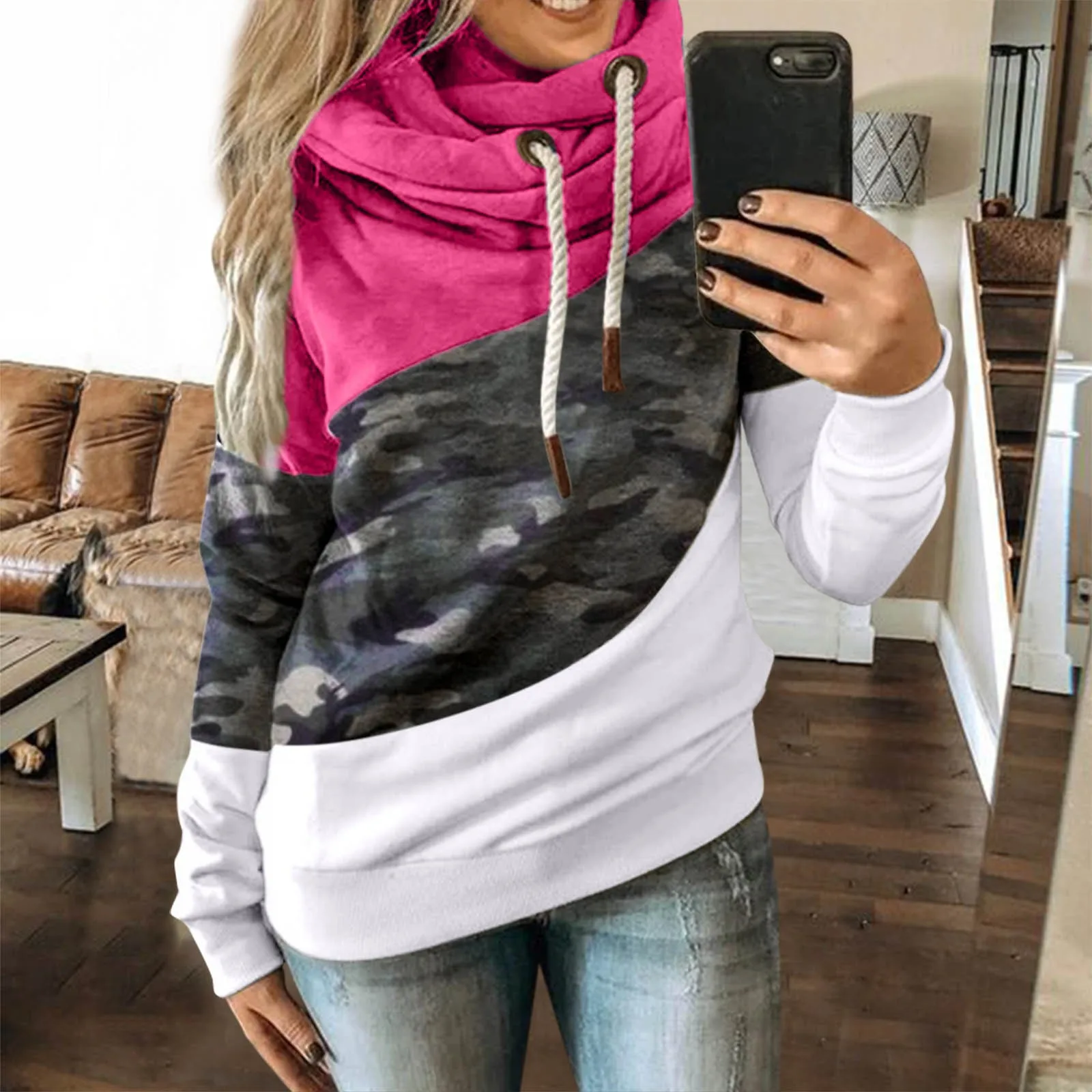 

Women's Color Blocking Patchwork Hoodies Fashionable Camouflage Drawstring Long Sleeved Loose Casual Female Sweatshirts