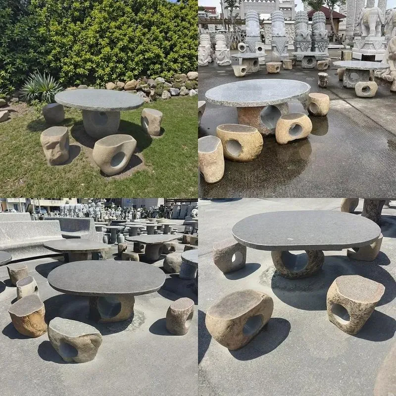 Modern Outdoor Natural River Pebble Carved Dining Table and Chair Set Coffee Garden Furniture