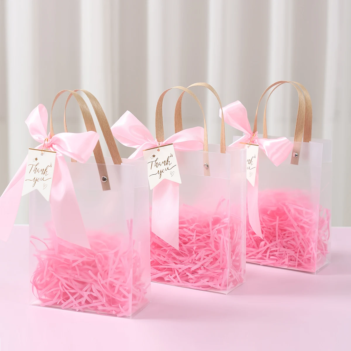 10pcs Clear PVC Gift Bags with Pink Ribbon Plastic Tote Bag Gift Wrap Bag for Wrapping Holiday Gifts Shopping Birthday Supplies