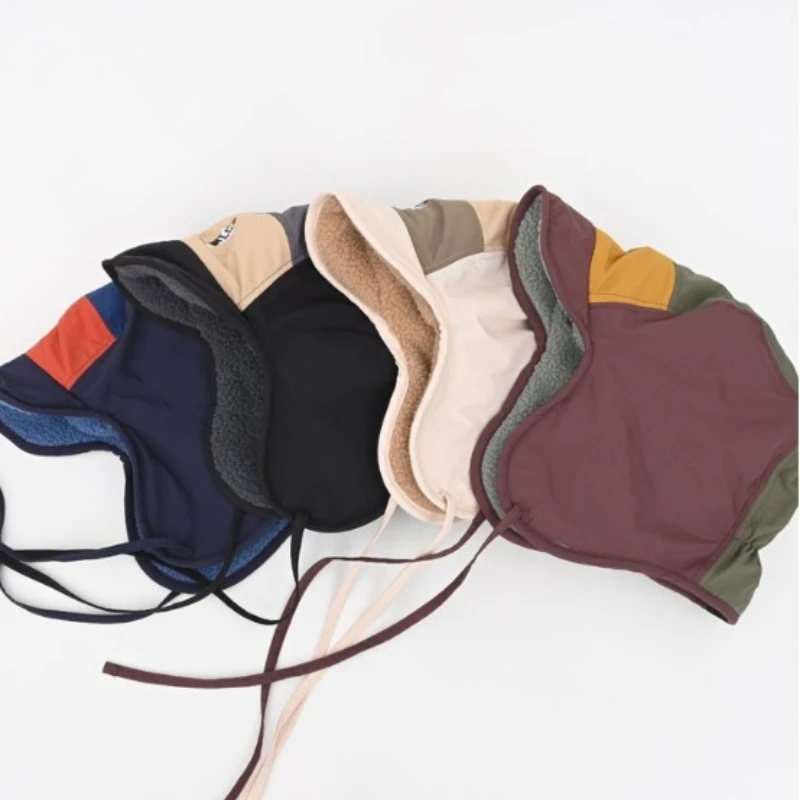 1pcs Retro Patchwork Bomber Hat 5-Panel Color Matching Cycling Cap Men Women Autumn Winter Fleece Warm Ear Protection Ski Hat