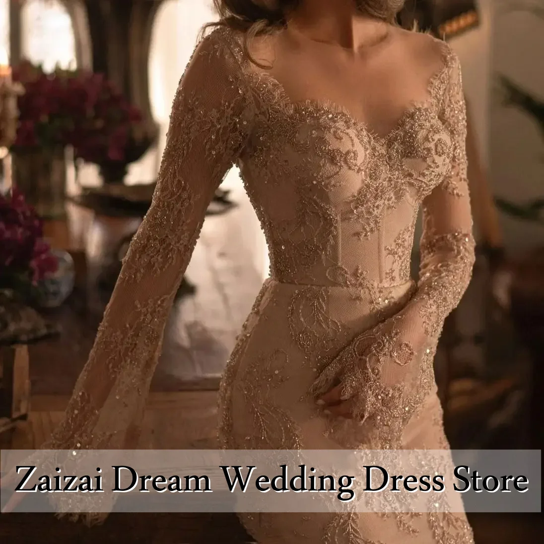 Customized Vintage Lace Champagne Mermaid Wedding Dresses for Women Sheer Long Sleeves Beading Bridal Gowns  Vestidos De Novia