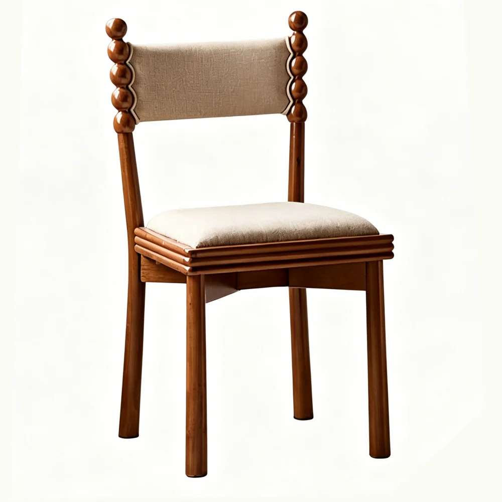 Modern Rustic French Country Linen Upholstered Ergonomic Backrest Bobbin Spindle Dining Chair Solid Wood Frame Padded Seat Home
