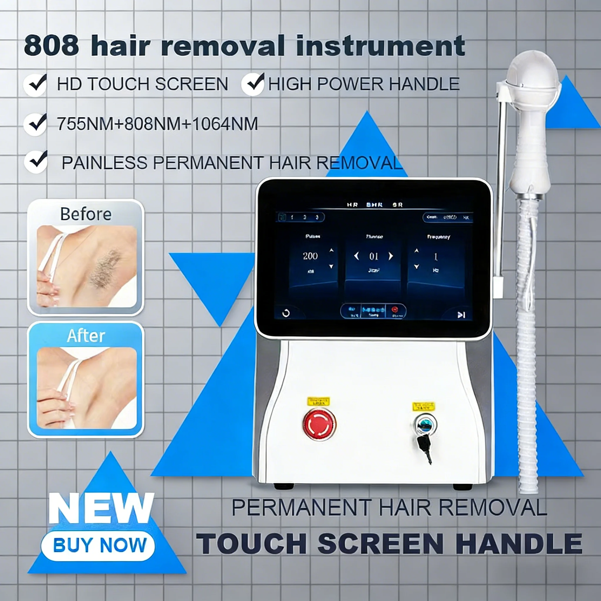 Dispositivo de remoção de pelos a laser de diodo 808, 755nm, 808nm, 1064nm, profissional, 3 comprimentos de onda, alça de resfriamento, remoção indolor de pelos