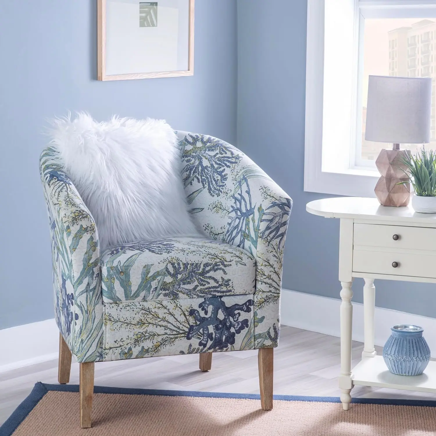 Ivory & Blue Upholstered Coastal Club Chair, Wooden Legs, Living Room Bedroom Accent, Customized