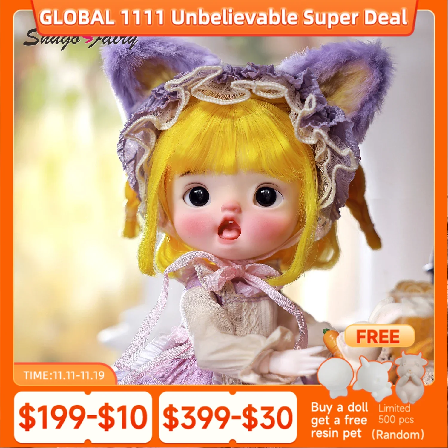 

Melon B 1/6 Bjd Dolls Omelet Body Big Head Purple Vintage Dress Bjd Animal Headdress Resin Fullset ShugaFairy