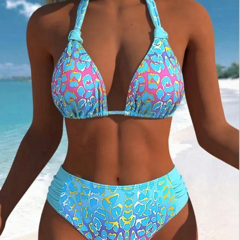 Ladies fashion summer gradual change leopard print full body print neck halter beach vacation bikini