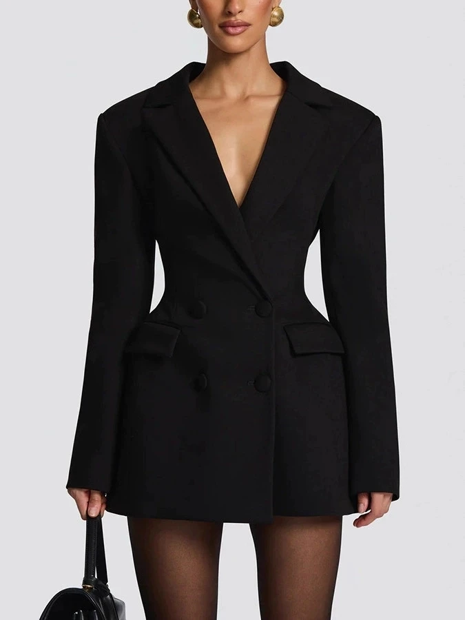

Temperament Women's Slim Solid Color Blazer Simple Elegant Lapel Double Breasted Bodycon Long Coat Lady Commuting Clothing New