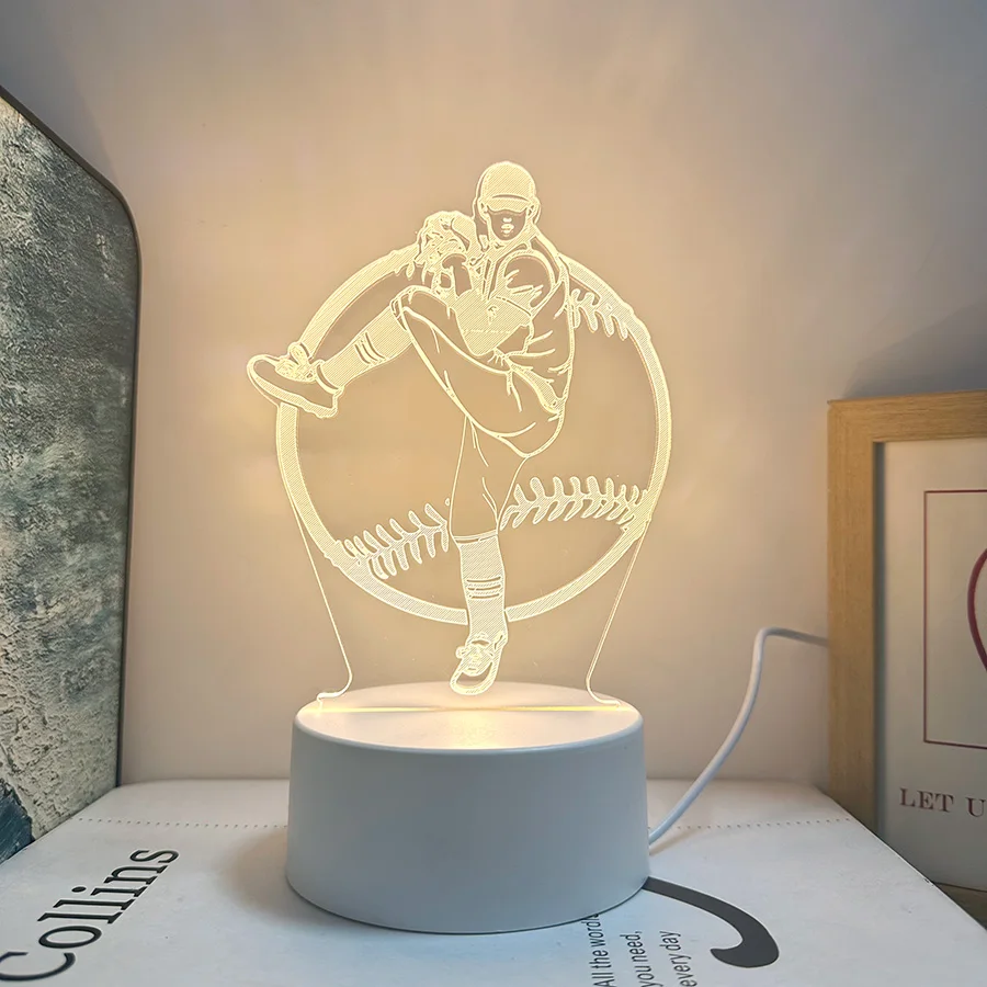 เครื่องเล่นเบสบอล 3D ที่ขับเคลื่อนด้วย USB 1 ชิ้นไฟกลางคืนสร้างสรรค์ บ้าน โต๊ะ ตกแต่งห้องนั่งเล่น ไฟกลางคืนของขวัญวันเกิด