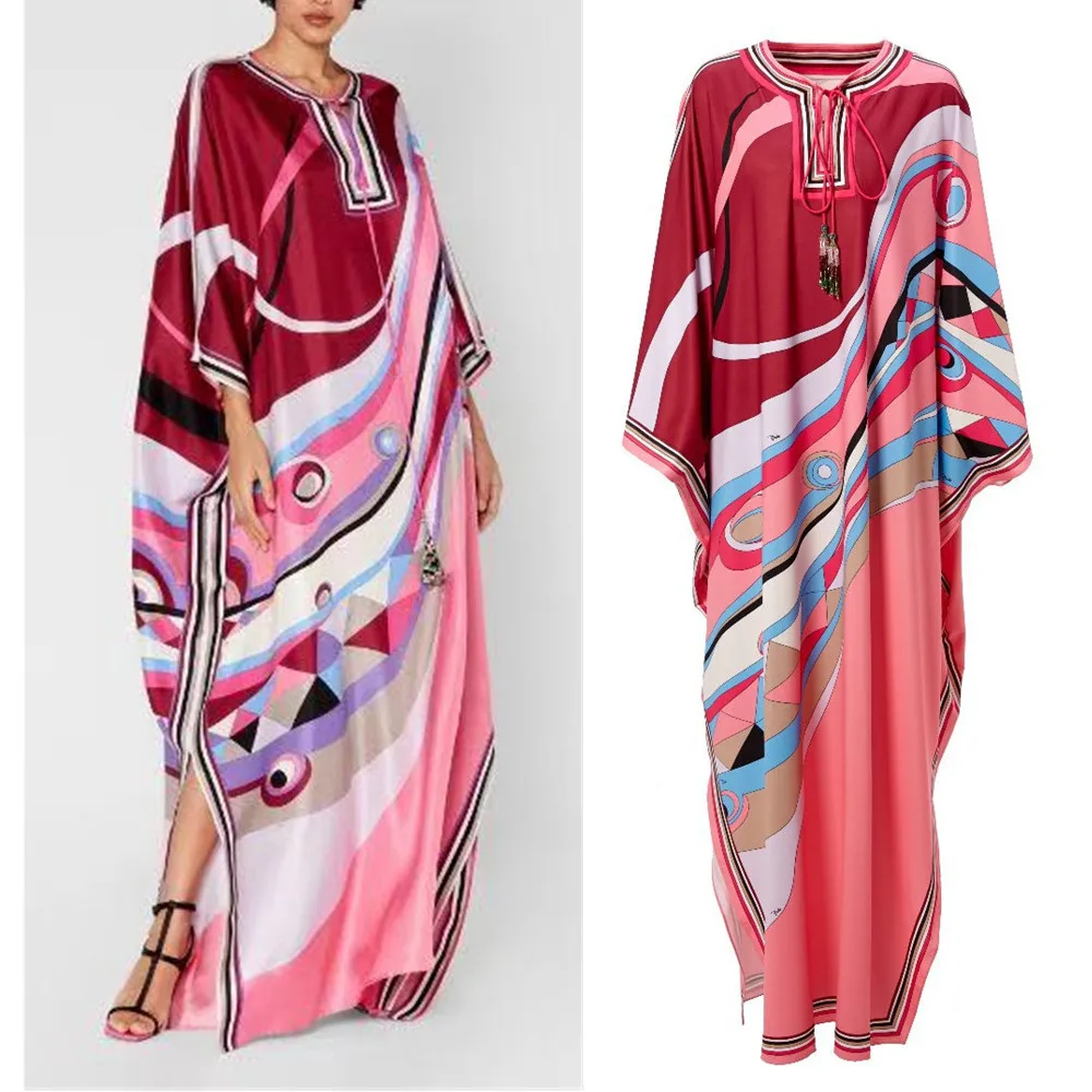 HIGH QUALITY  Designer Inspired  Women Kaftan Oversize Bohemian Printed Maxi Dress Red/Green for Female 2024