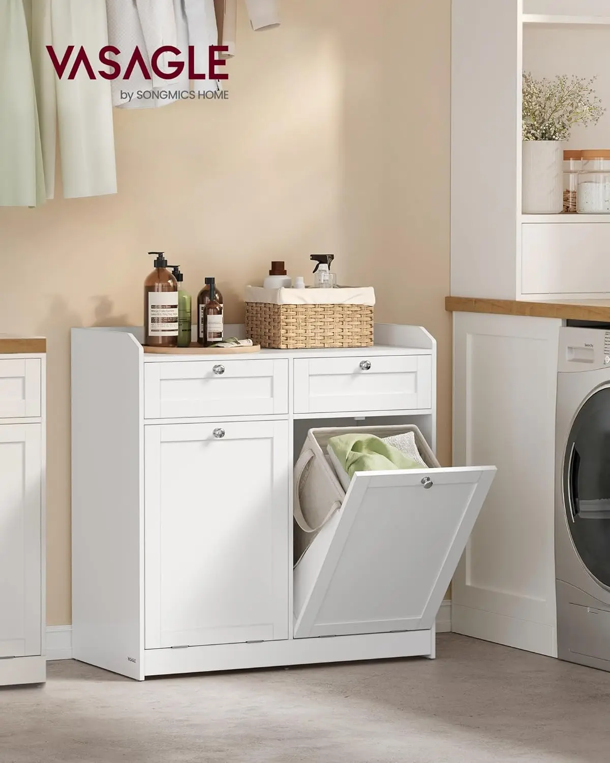 2 Drawers and 2 Hidden Laundry Hampers, Freestanding, Tilt-Out Laundry Baskets with Handles, 31.1 x 15.8 x 31.5