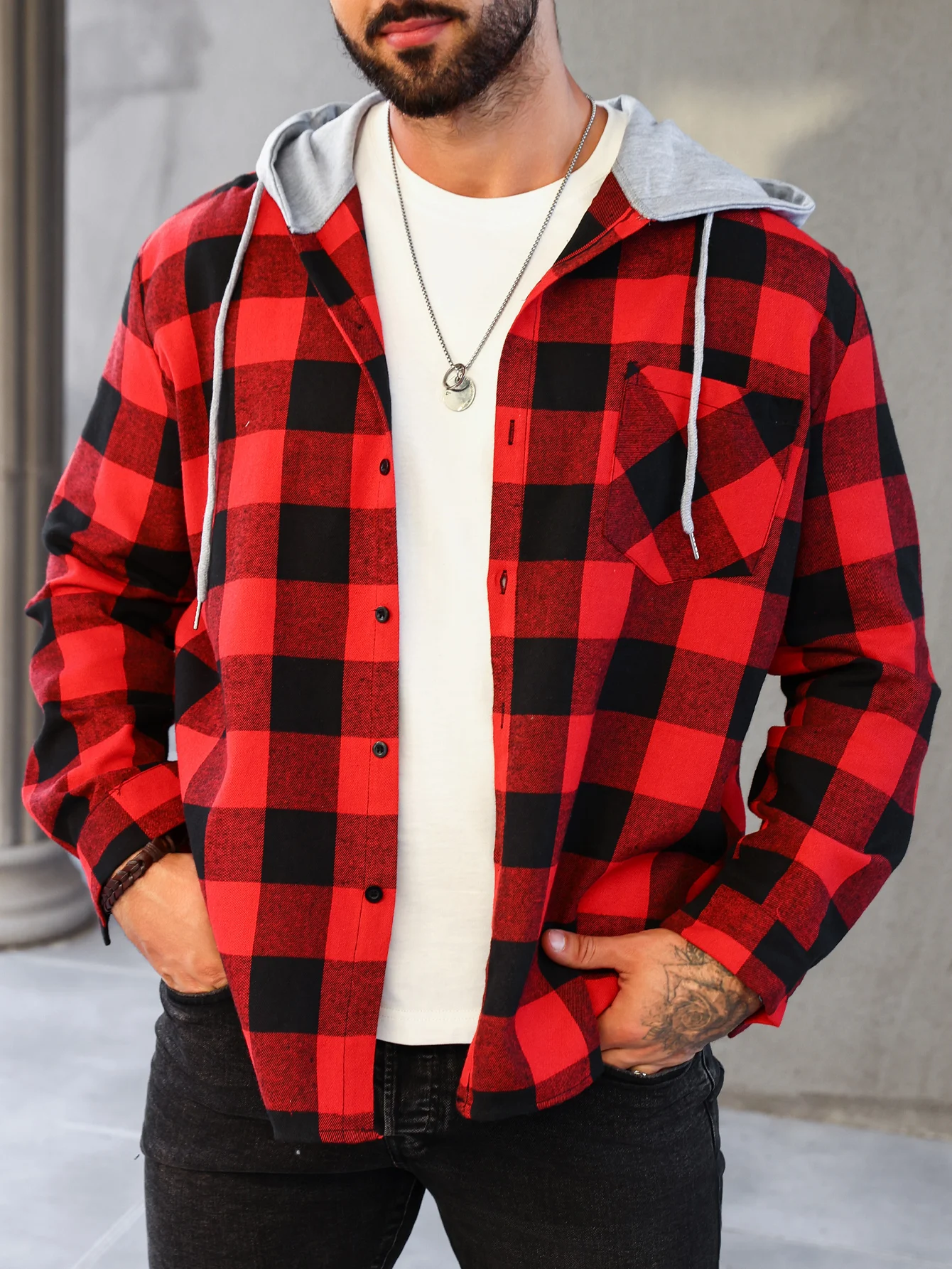 Buntes kariertes Herren-Cardigan mit Kapuze, Farbblock-Sweatshirt mit Taschen, Top-Jacke