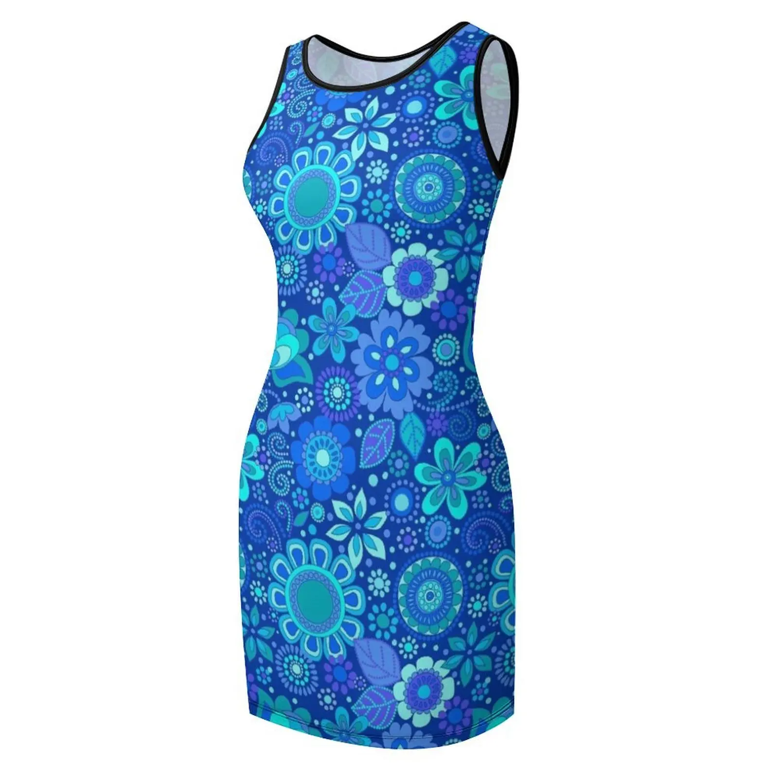 133 グルービーフラワードットブルー & ターコイズノースリーブサンドレスパーティードレス女性エレガントな高級包帯ドレス美的衣類