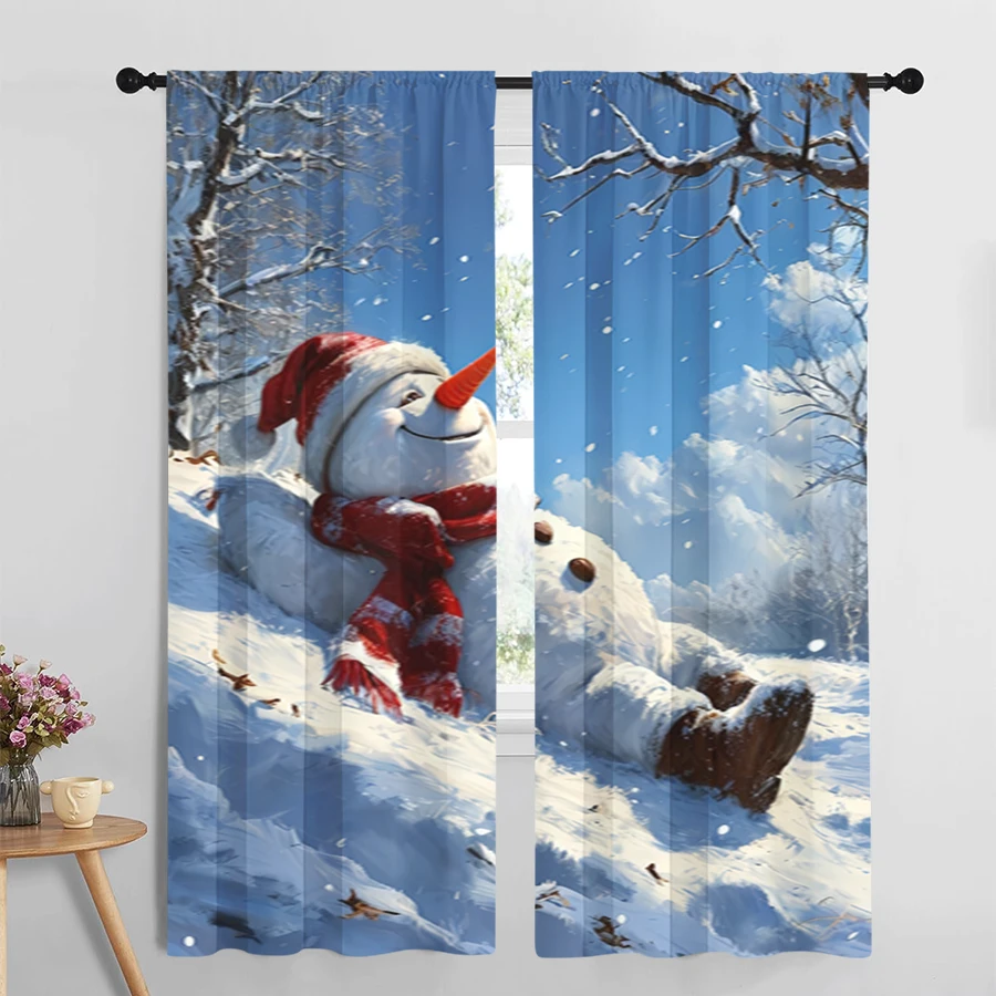 2PCS Christmas Winter Curtains, Snowman Blue Sky Snow, Digital Print, Bedroom Living Room, Rod Pocket Polyester, Home Decor