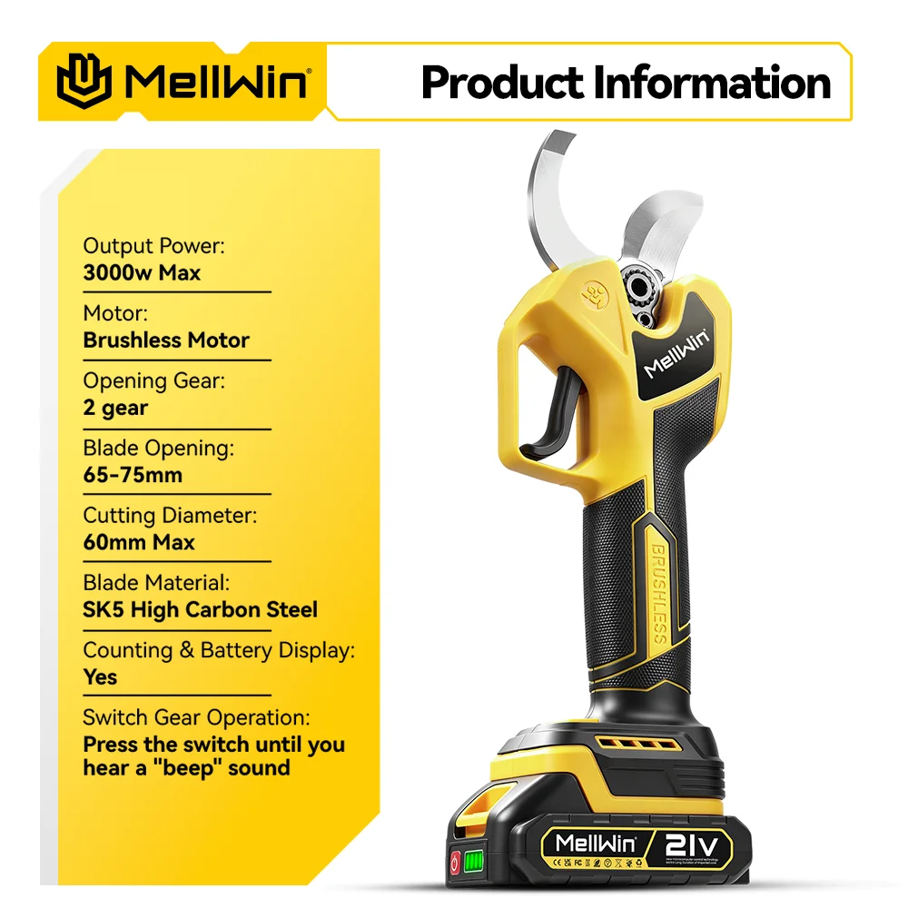 MELLWIN Electric Pruning Shears 60mm Brushless 3000W Cordless Fruit Tree Branch Scissors Power Tool for Makita 18V Battery Pin - Image 6
