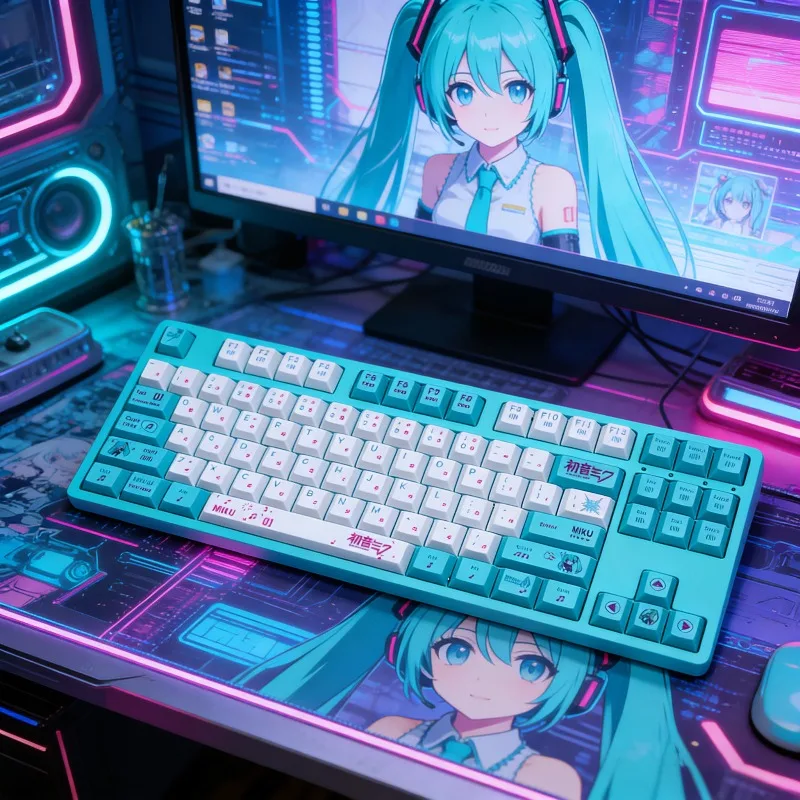 

cartoon anime Hatsune Miku mechanical keyboard, 87 key three modes, Original factory height，Anime peripheral birthday gift