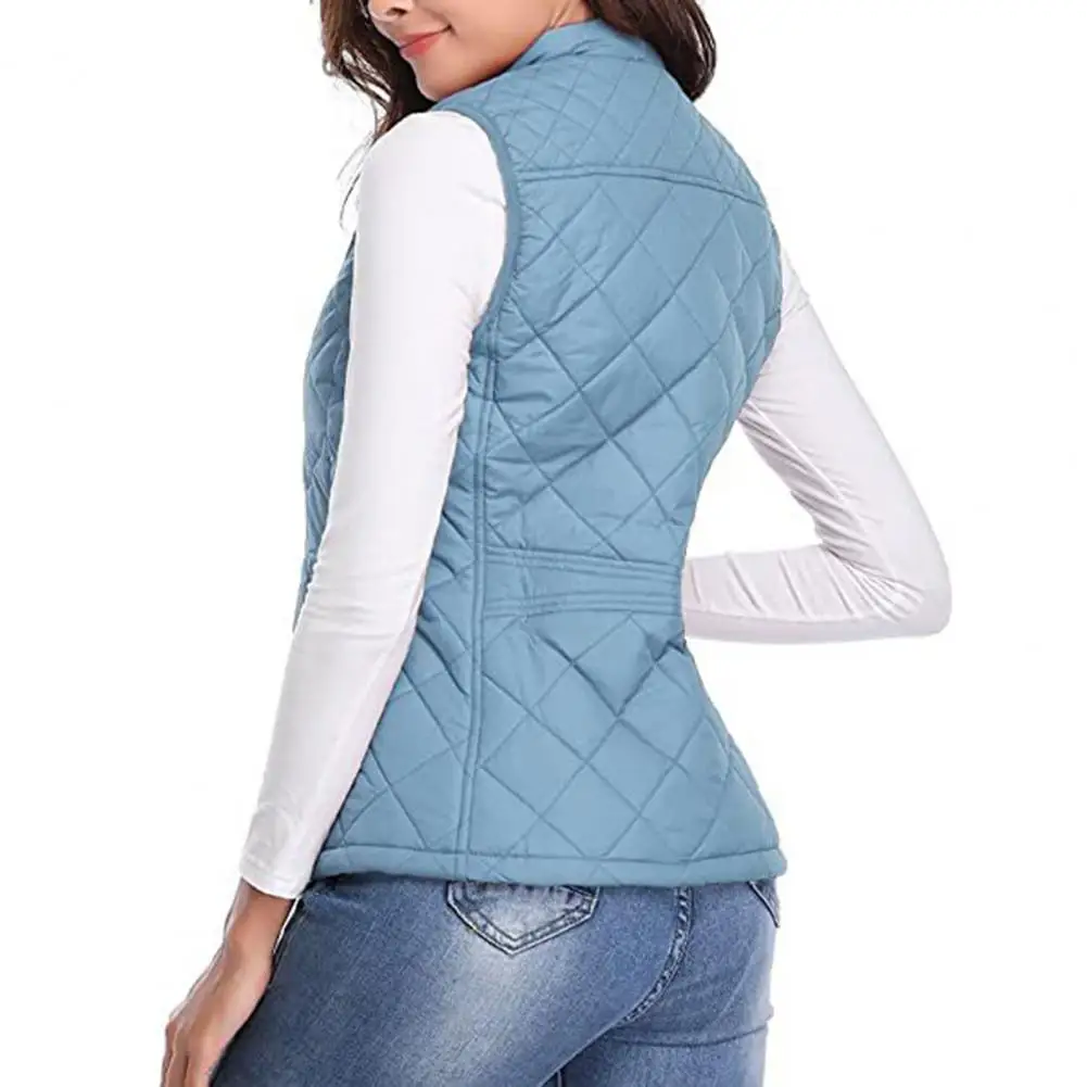 Women Coat Stand Collar Sleeveless Padded Zip-up Solid Color Heat Retention Waistcoat Cardigan Vest Coat for Daily Work Commutin