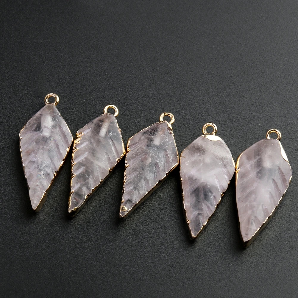 40MM Natural Pink Crystal Rose Quartz Arrowhead Foliage Metal Trim Necklace Pendant Leaf Dangle Charm Amulet Woman Jewelry Parts