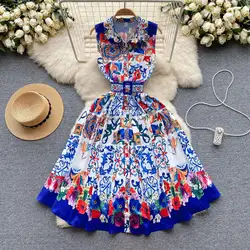 Summer Blue And White Porcelain Tank Dress Women's Lapel Sleeveless Single Breasted Floral Print Belt Beach Party Vestido 2405