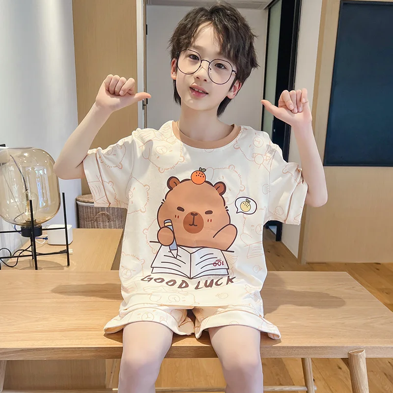 

Cute Kapibala Pajamas Set for Kids Cartoon Kawaii Sleepwear Baby Short-sleeve Big Girls and Boys Home Thin Clothes Set Summer