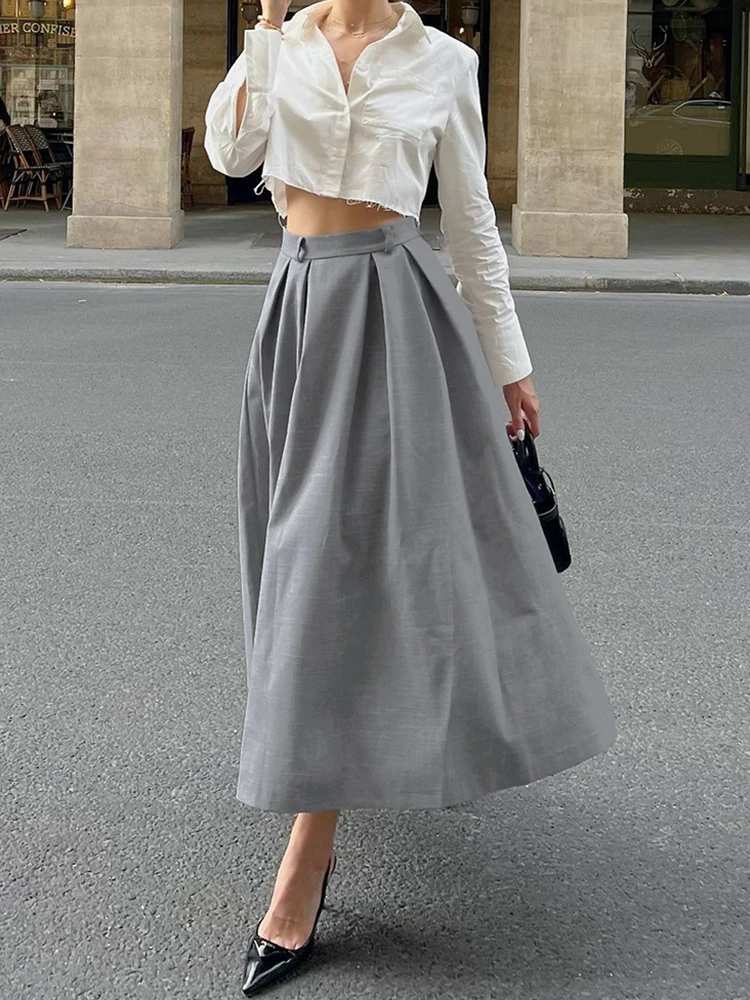 2024 Autumn High-end Gray Skirt Commuting Casual High Waist Slim Pleated A-line Skirts European And American Fashion Long Skirt