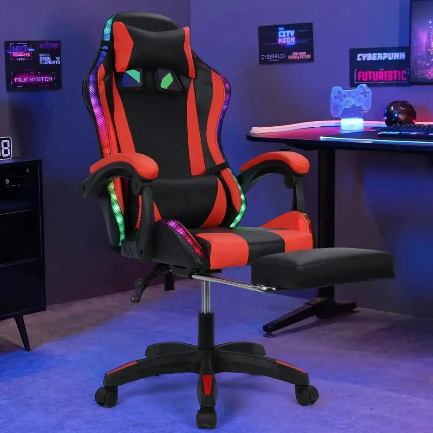 Gaming Chair with Bluetooth-compatible Speakers and RGB LED Lights, Ergonomic Massage Computer Gaming Chair with Height Adjustab