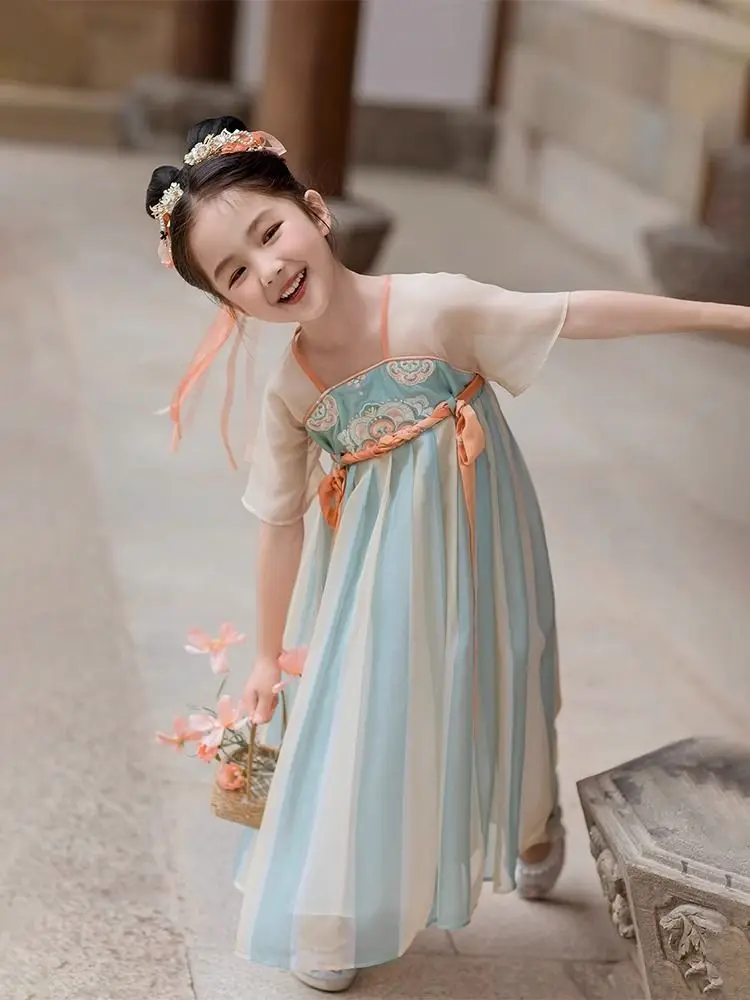 Hanfu gaun lengan pendek anak perempuan, Gaun gaya China harta karun gaya kuno Musim Panas 2024