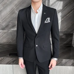 (Jacket+Pants) Fashion Men's Pure Color Leisure Suits Gray Blue Black Slim Fit Men Business Banquet Suit Set Plus Size