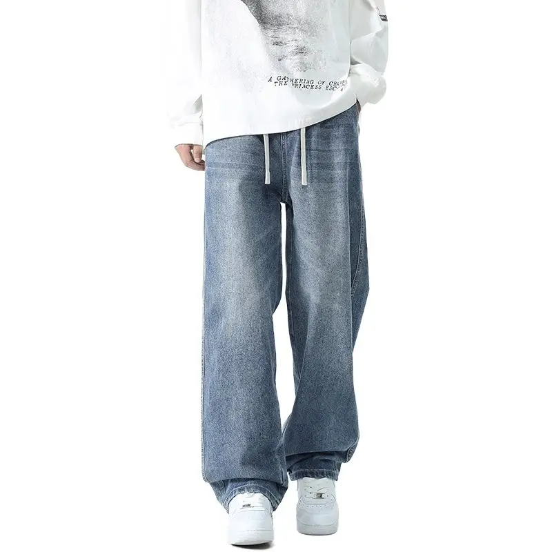 Men's Loose Retro Jeans Washed With Spring And Autumn Fashion High Street Wide Leg Straight Leg Casual Trend Blue Pants