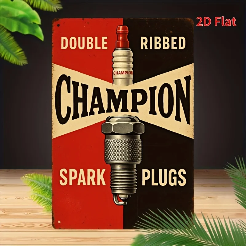 Retro Champion Double Ribbed Spark Plugs Metal Tin Sign - 2D Flat Printing Vintage Auto Parts Wall Decor for Garage, Man Cave, a