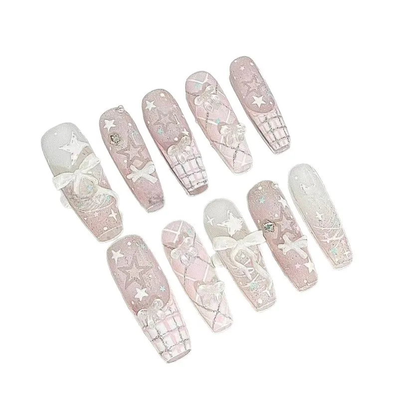 10 قطع لطيف الدانتيل الفرنسية القوس اليدوية اللوز الفرنسية الصحافة على الأظافر أظافر بسيطة غطاء كامل يمكن ارتداؤها الأظافر كاذبة