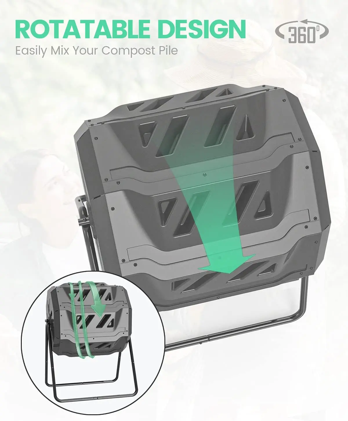 سلة سماد خارجية خضراء سعة 43 جالونًا، كوب دوار مزدوج خالي من مادة BPA للحديقة #3