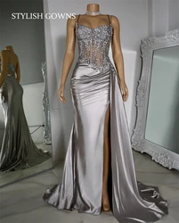 Silver Sweetheart Long Prom Dress For Black Girls 2024 Pleats Birthday Party Dresses Applique High Slit Evening Gowns Customized