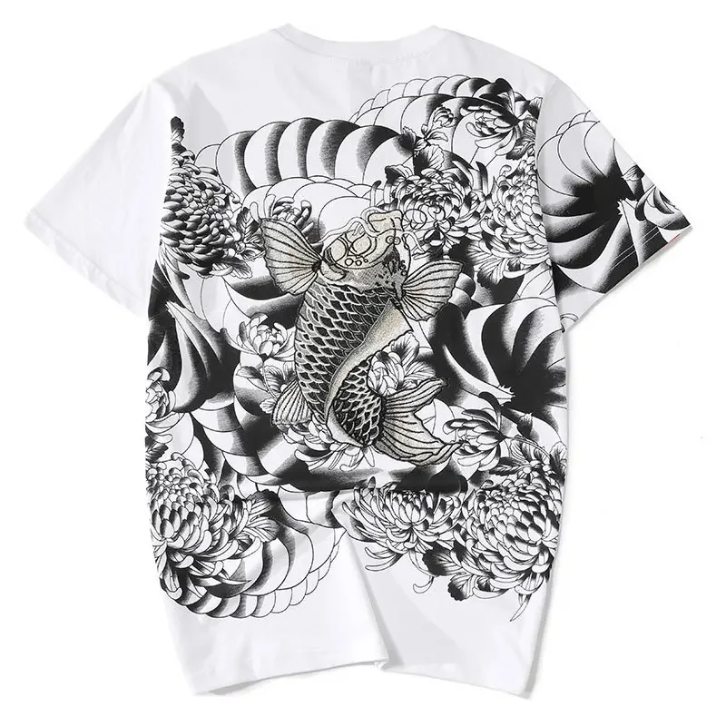 Lyprerazy Harajuku Japanese T Shirt Wave Carp fish Flower Embroidery Black Streetwear 100% Cotton Hip Hop Print T-Shirts