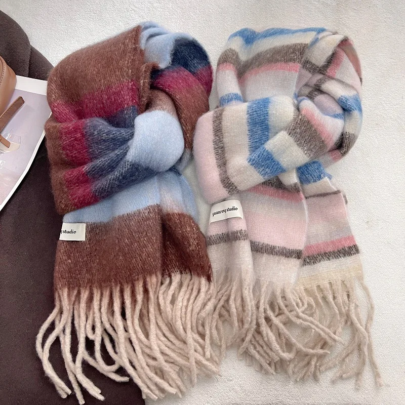 2025 Winter Women Scarf Rainbow Color Designer Thick Warm Pashmina Shawl Wraps Plush Cashmere Tassel Stoles Echarpe Blanket