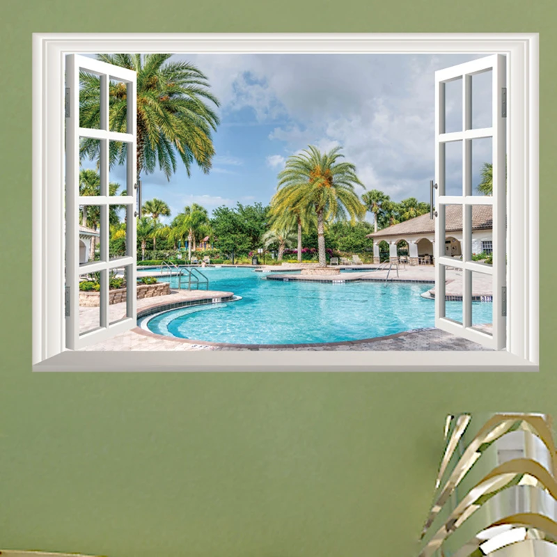 Fresh Summer Window Scenery Mural Seaside Clear Water Pool Coconut Tree Vinyl Wall Stickers for Home Decoration Aesthetic Rooms
