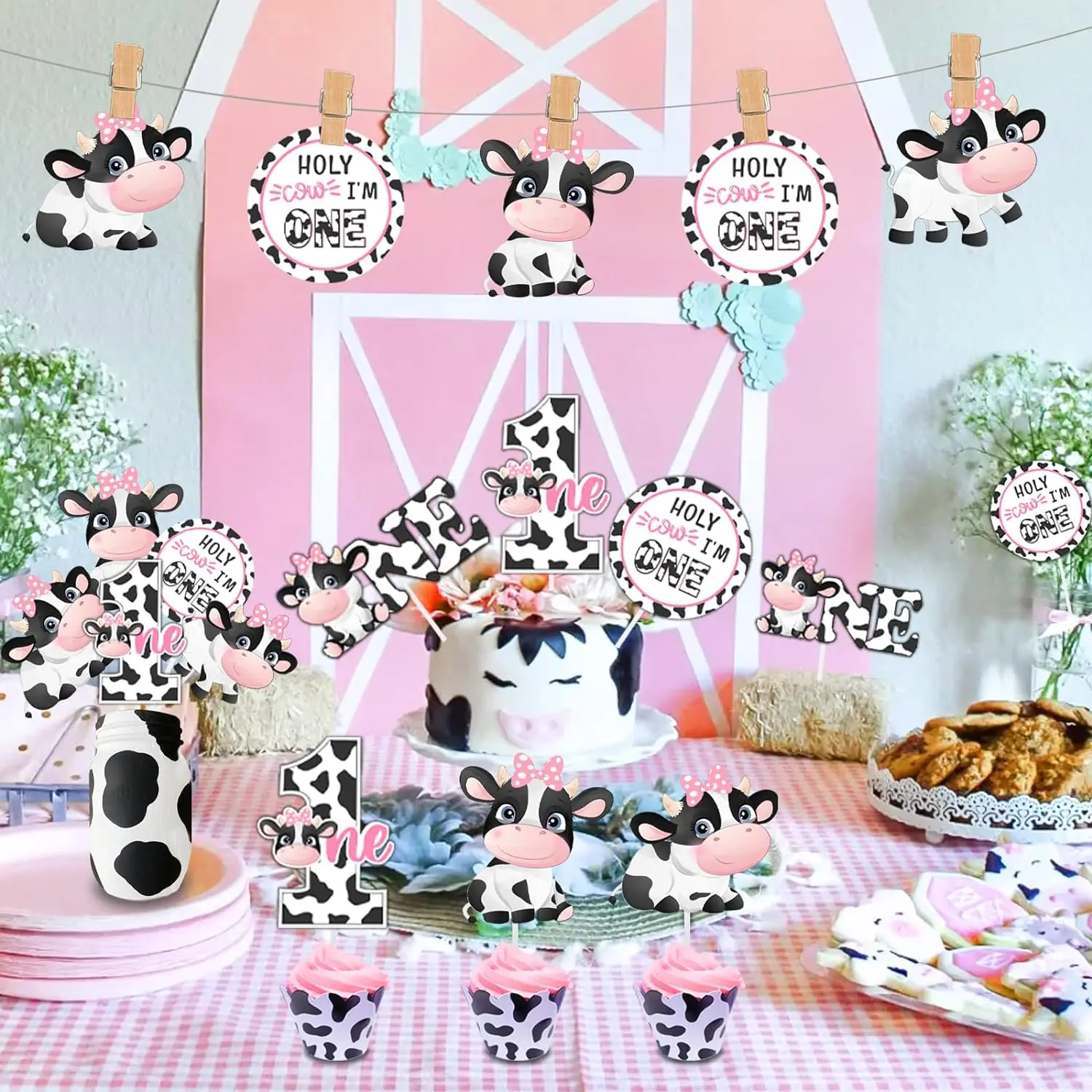 24PCS Cow First Birthday Centerpiece Sticks, Holy Cow I’m One Table Toppers, Farm Animals Cow Print 1st Birthday Decor for Girls