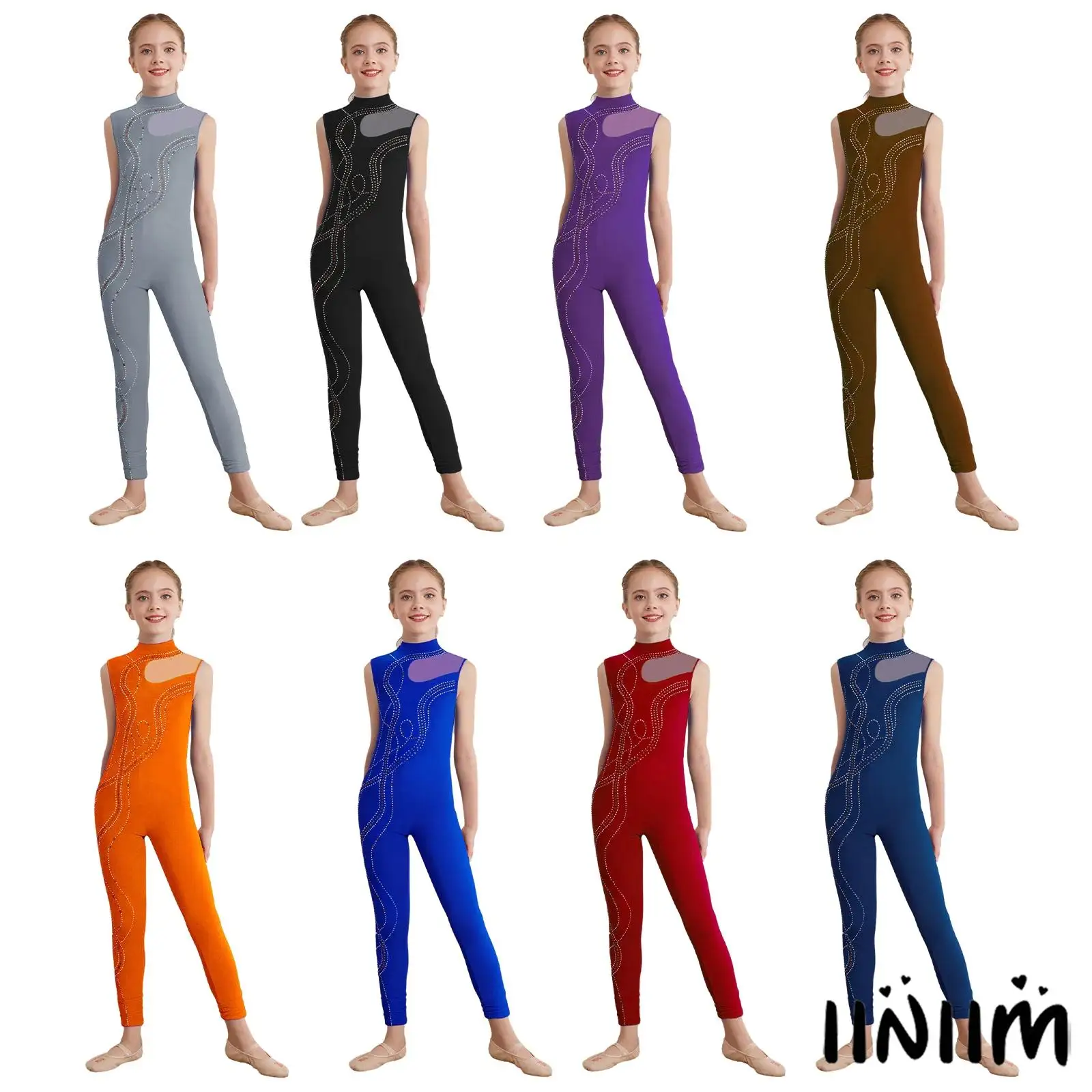 

2025 New Girls Gymnastics Leotard Ballerina Costume Rhinestones Sleeveless Keyhole Back Sheer Mesh Full Body Bodysuit Dancewear